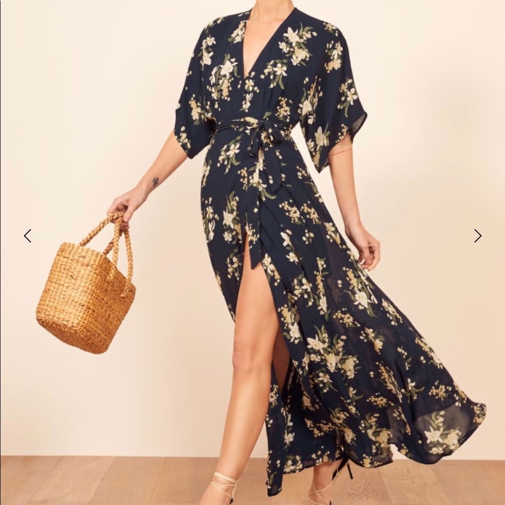 Reformation Navy Floral Wrap Maxi Dress
